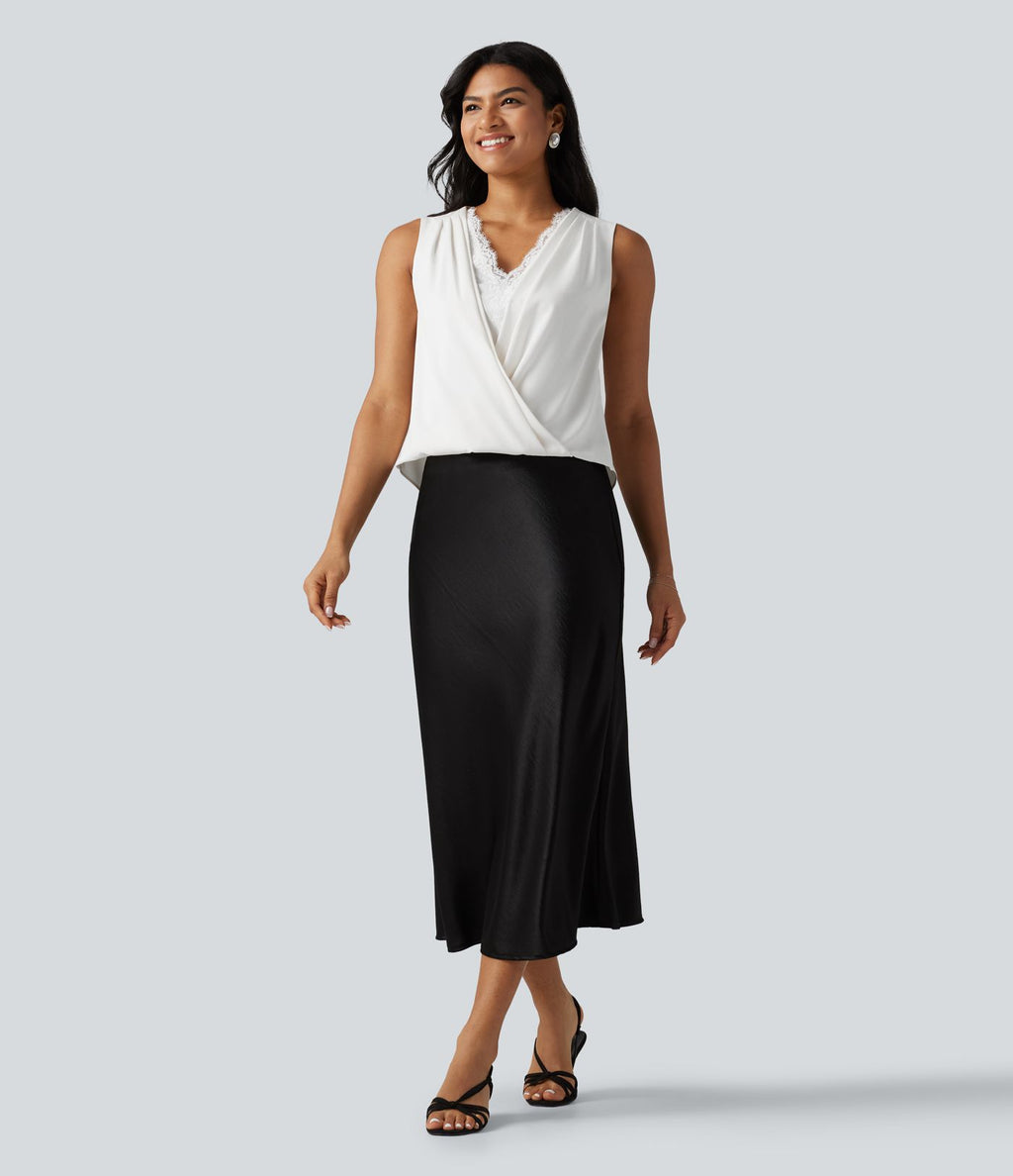 Blouse esprit bureau défroissage facile, col V, dentelle contrastée, fronces et sans manches