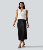 Blouse esprit bureau défroissage facile, col V, dentelle contrastée, fronces et sans manches