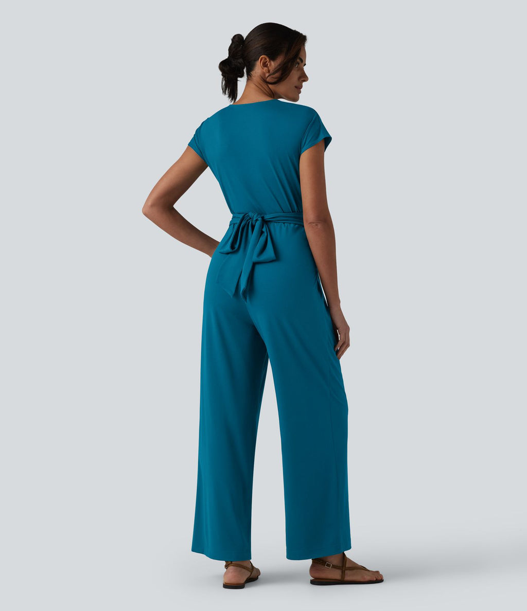 Combinaison tailleur plissée croisée col V à manches courtes avec lien noué et poches — Easy Peasy