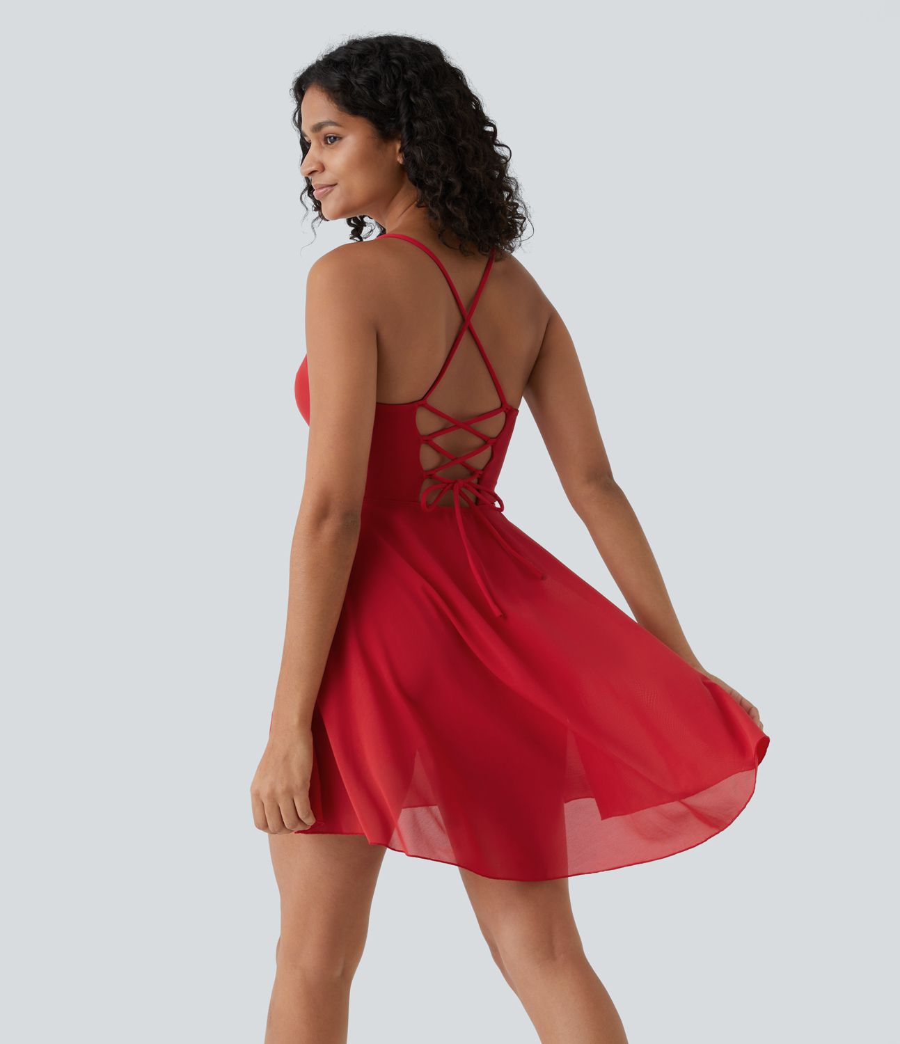Robe de sport danse mini 2-en-1 laçage asymétrique résille contrastante fluide avec poche A-D