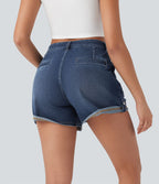 Short décontracté en jean extensible délavé Halara Flex™ taille moyenne avec revers et poches avant