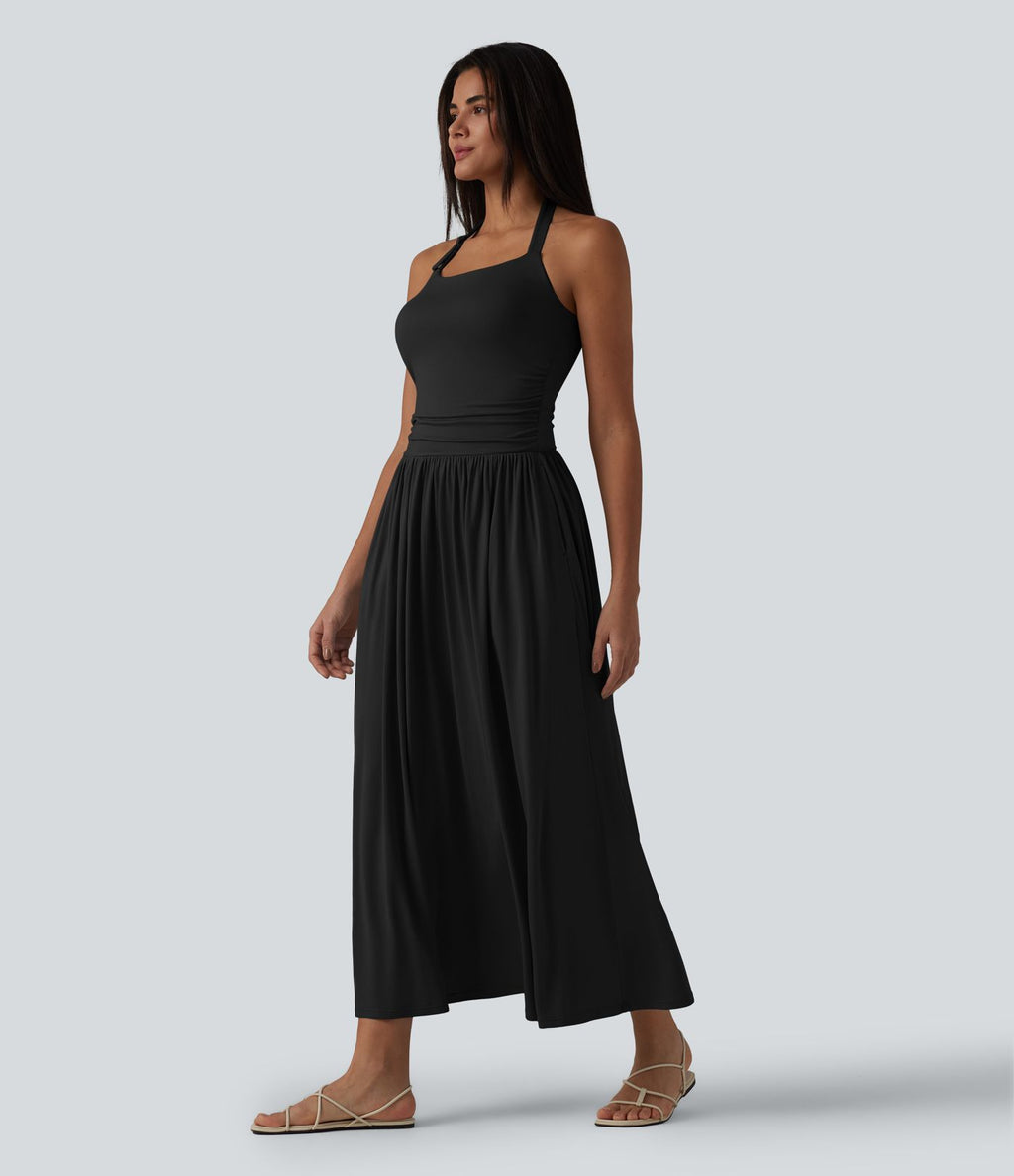 Robe longue fluide dos nu avec tour de cou, brassière intégrée et poches