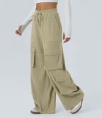 Pantalon cargo décontracté large à cordon côtelé, taille mi-haute, avec poches