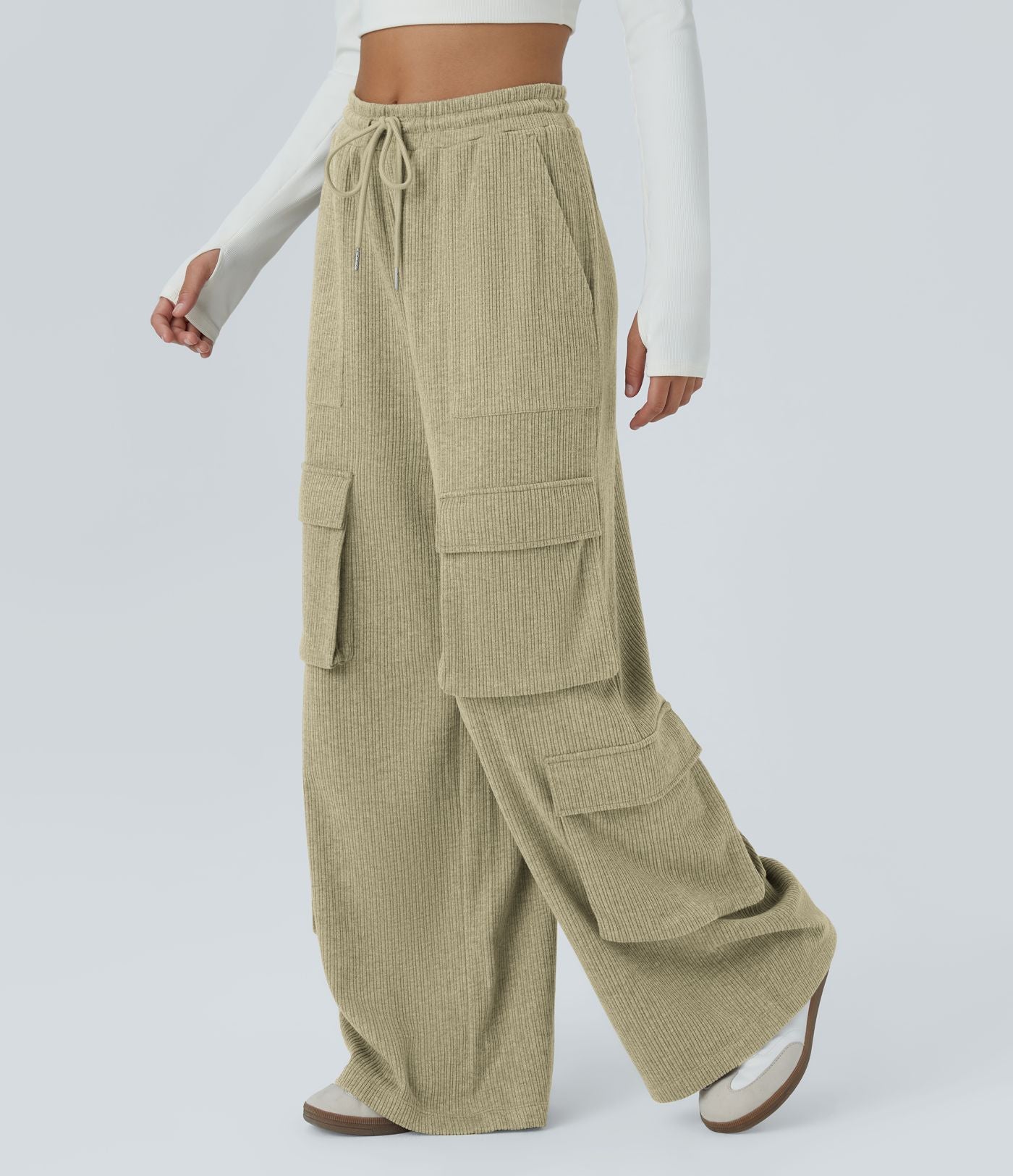 Pantalon cargo décontracté large à cordon côtelé, taille mi-haute, avec poches
