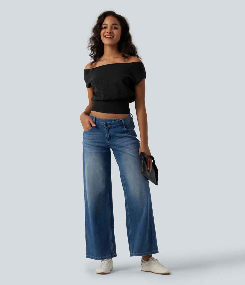 Pull casual asymétrique à épaule dénudée et manches courtes