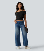 Pull casual asymétrique à épaule dénudée et manches courtes
