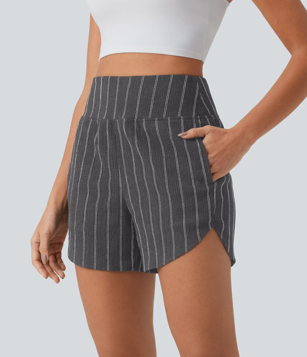 Short casual taille haute ourlet arrondi rayures avec poches
