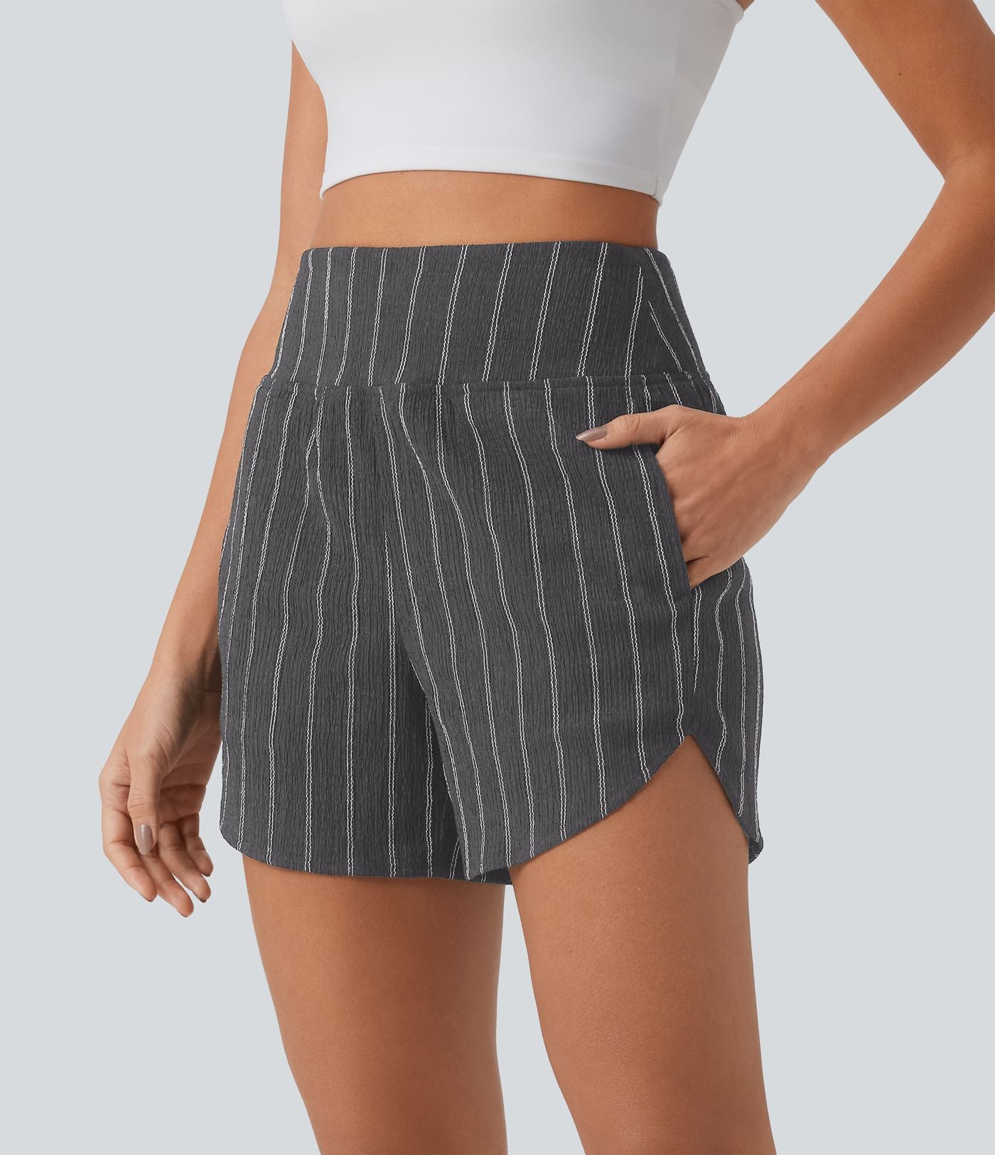 Short casual taille haute ourlet arrondi rayures avec poches
