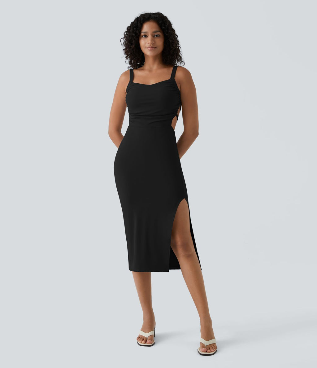 Robe midi laquée fendue, brassière intégrée, dos nu croisé