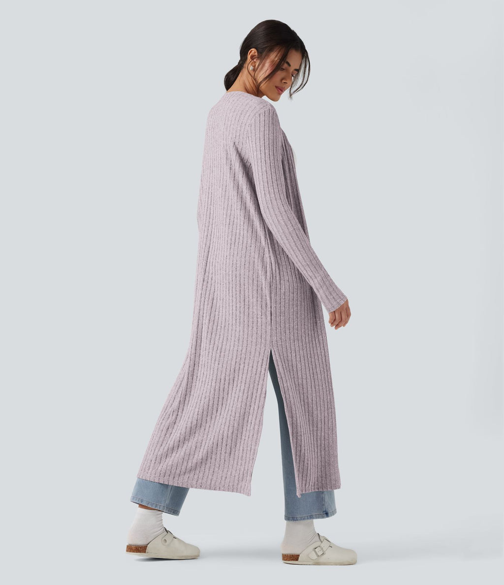 Manteau long décontracté maille côtelée manches longues avec fente