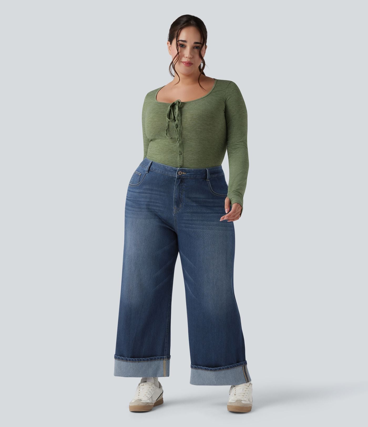 Jean casual grande taille Halara Flex™ tricot extensible délavé taille haute jambe large ourlet roulotté avec poches