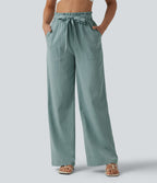 Pantalon décontracté effet lin taille haute, coupe droite, ceinturé avec finitions ondulées et poches