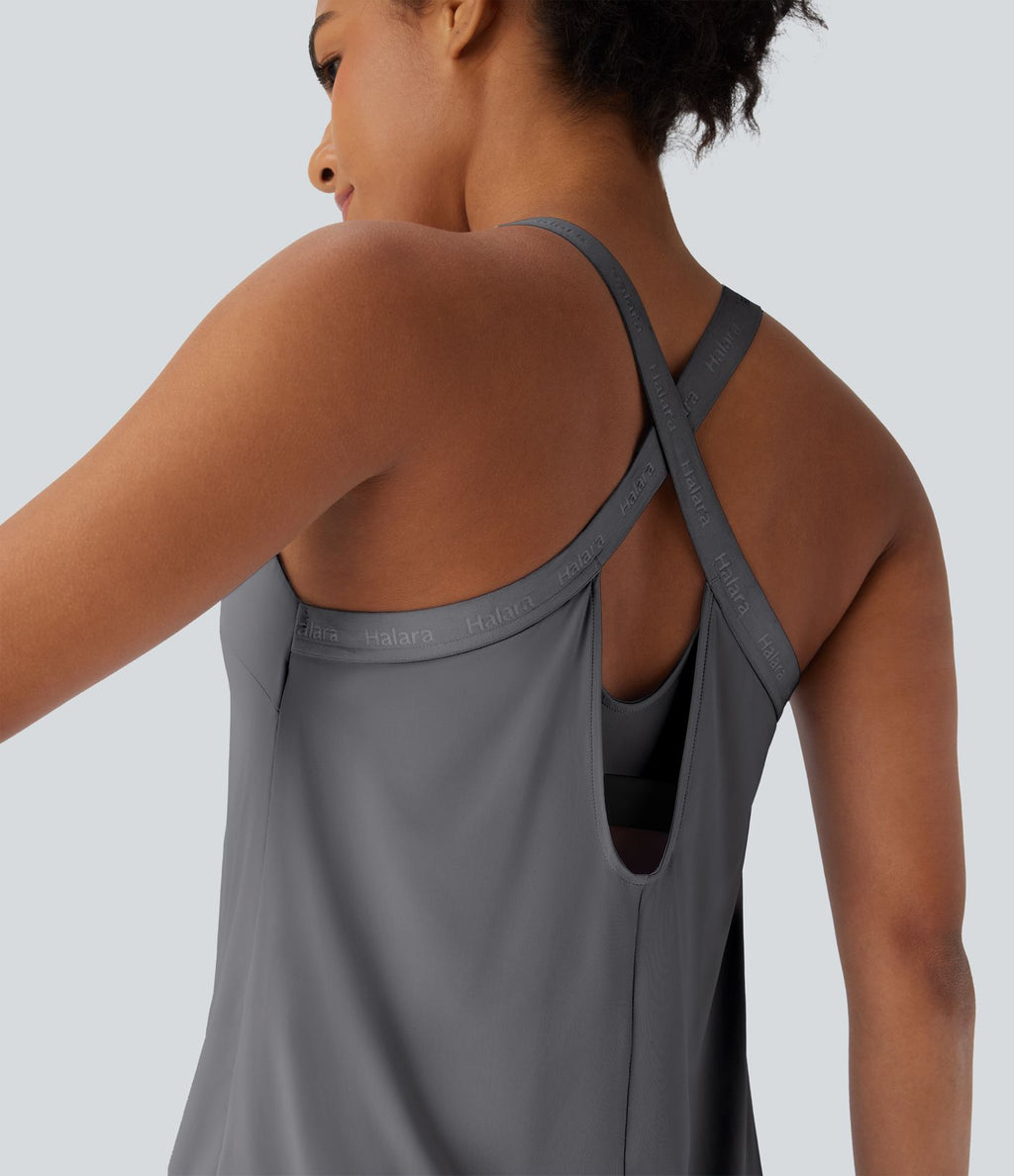 Débardeur yoga dos nu col U avec bretelles croisées, ourlet arrondi et effet frais InstantCool, protection solaire UPF50+