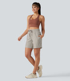 Short de yoga 2 en 1 à rayures taille haute avec cordon de serrage, poches, 17,5 cm