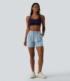 Short de yoga plissé taille haute élastique 12,5 cm avec cordon de serrage et poches