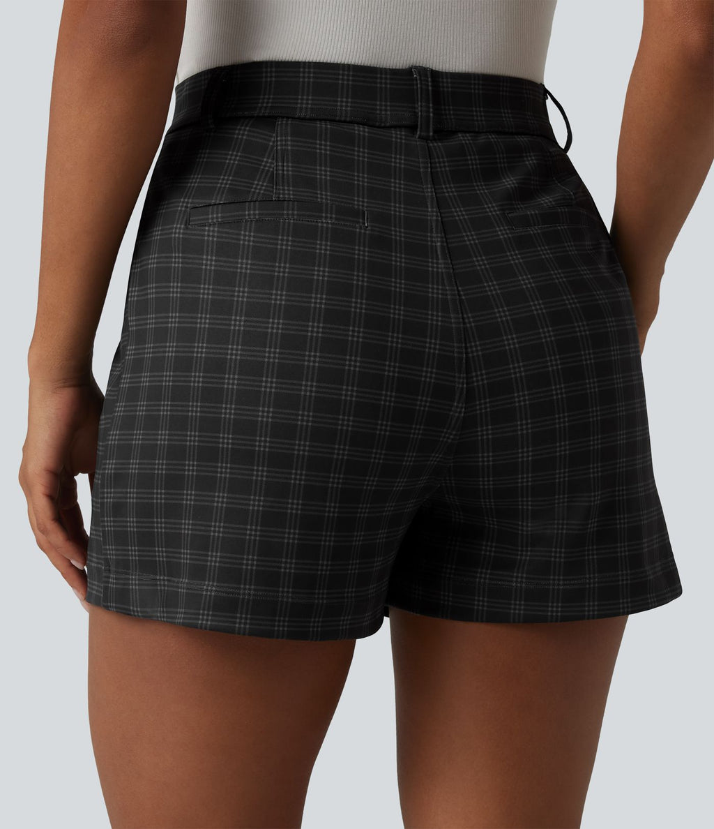 Short tailleur droit à carreaux taille haute avec poches
