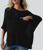 Pull décontracté oversize asymétrique demi-manches ourlet fendu avec poche