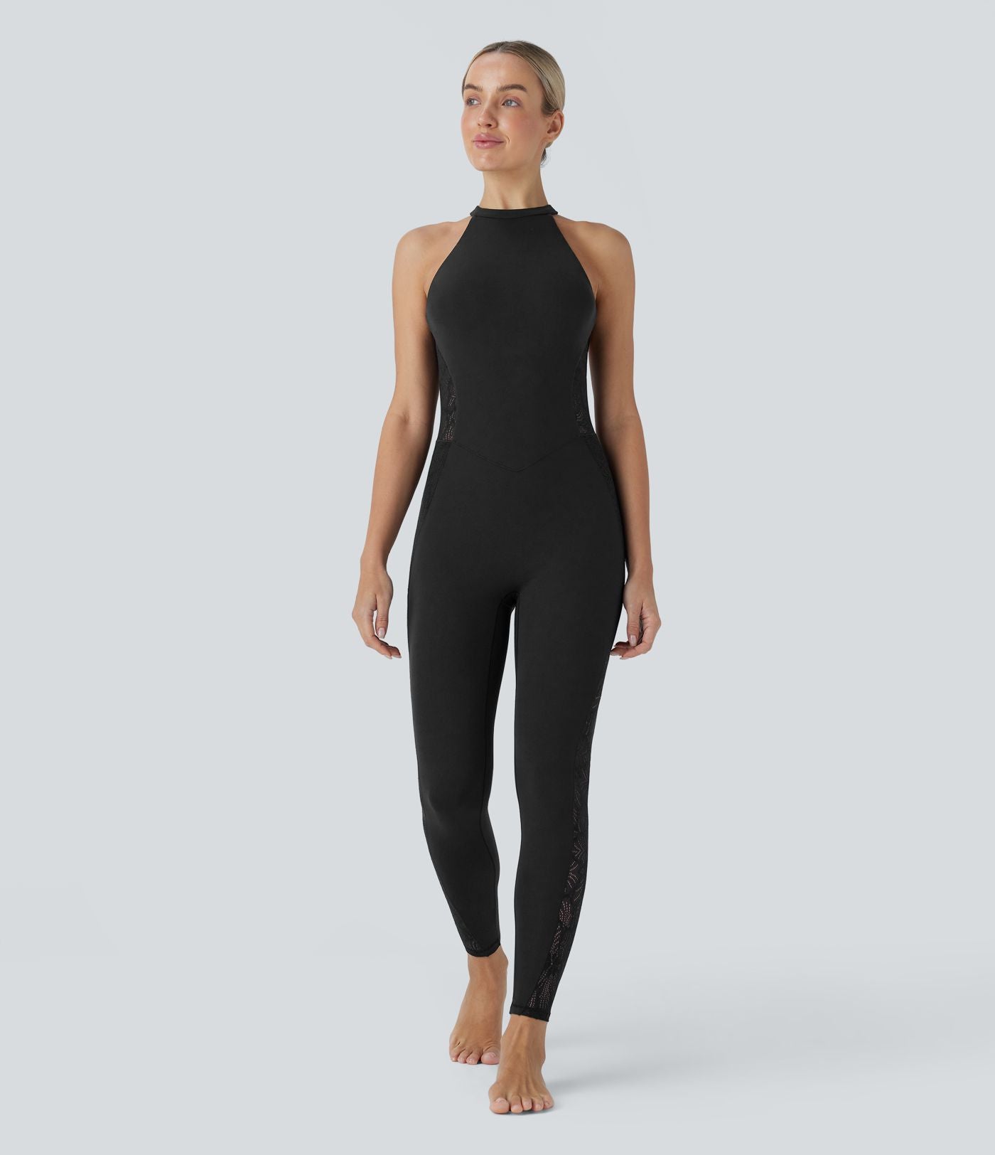 Combinaison de yoga moulante Softlyzero™ à dos nu avec dentelle contrastante - UPF50+