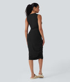 Robe casual moulante col rond sans manches froncée