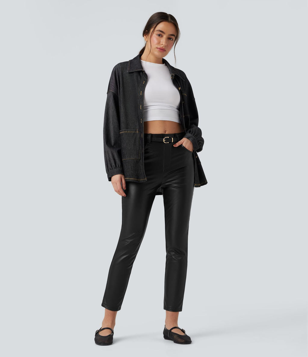 Pantalon simili cuir décontracté fuselé 7/8 taille mi-haute polaire extensible avec poches