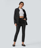 Pantalon simili cuir décontracté fuselé 7/8 taille mi-haute polaire extensible avec poches