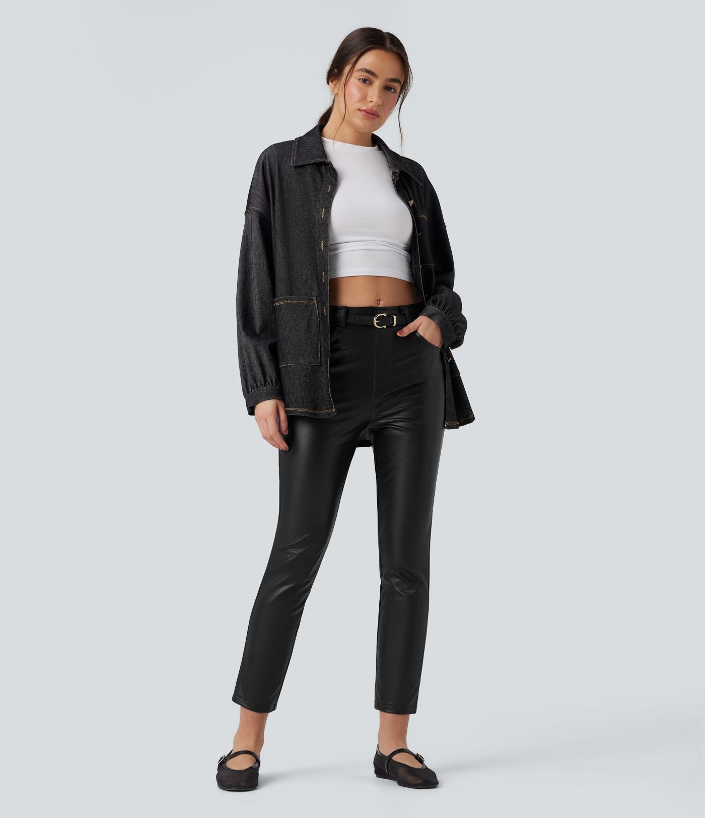 Pantalon simili cuir décontracté fuselé 7/8 taille mi-haute polaire extensible avec poches