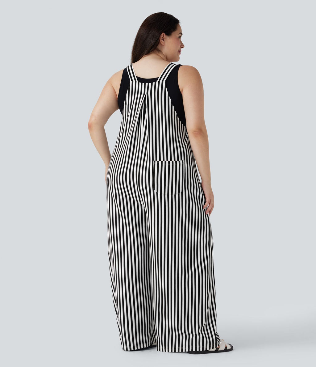 Salopette de séjour grande taille tissu gaufré rayée à bretelles ajustables avec boutons et multiples poches