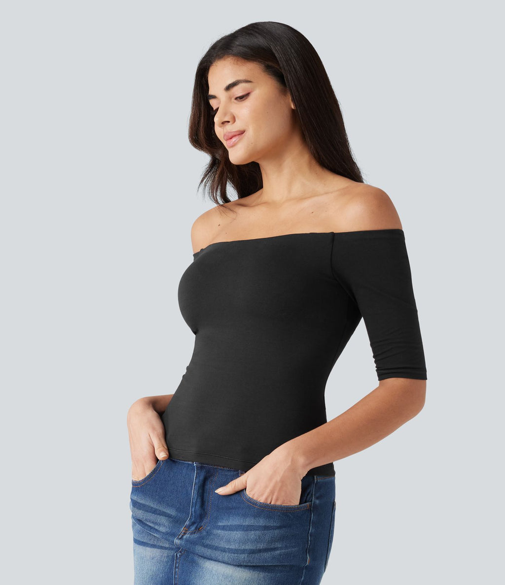 T-shirt décontracté Halara Cotton Jersey épaules dénudées à manches mi-longues, bretelles amovibles et coussinets amovibles, bonnets B à E