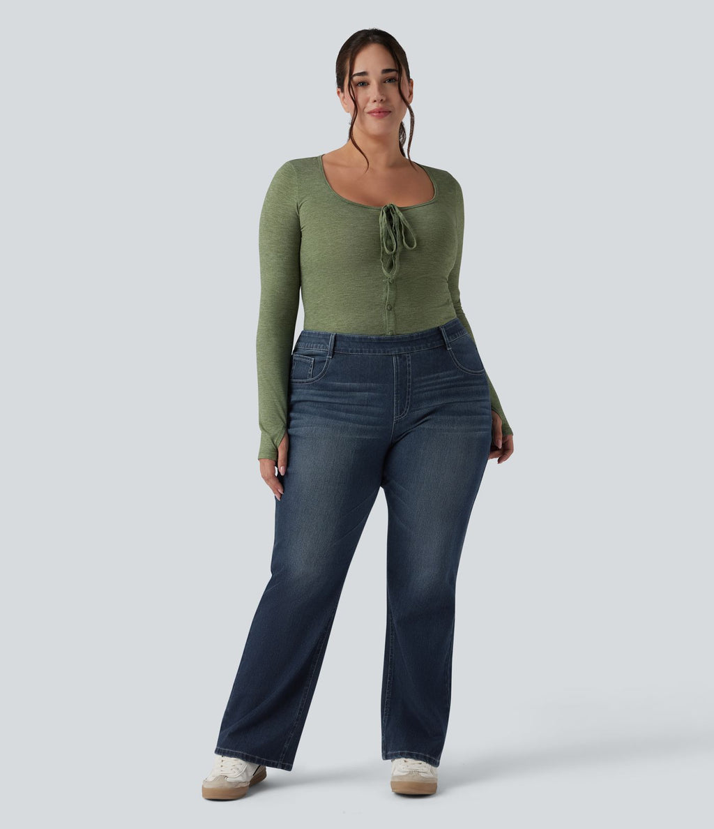 Jean décontracté grande taille évasé taille haute Halara Flex™ effet délavé avec multiples poches
