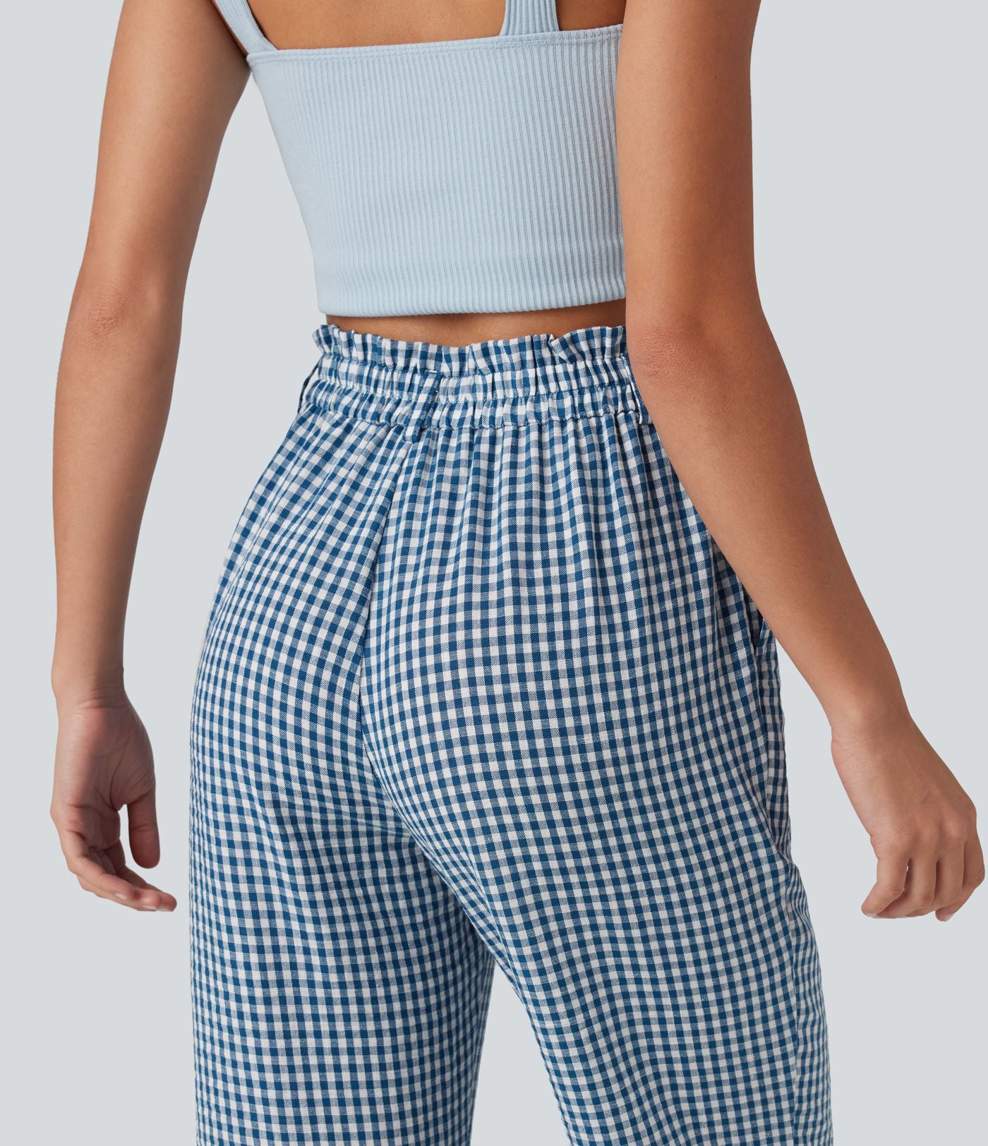 Pantalon 7/8 décontracté aspect lin à carreaux taille haute avec poches