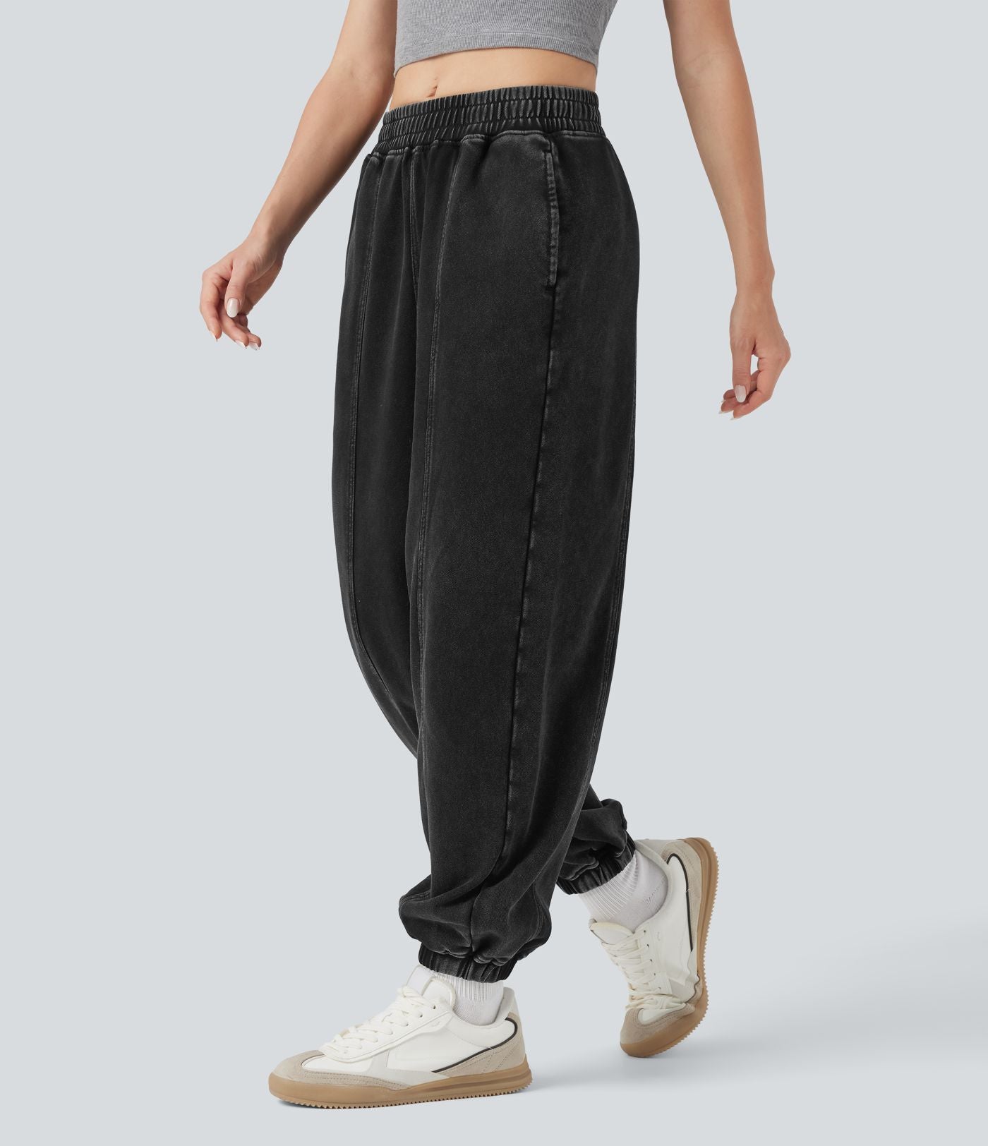 Pantalon jogging coton molleton français délavé taille mi-haute avec poches