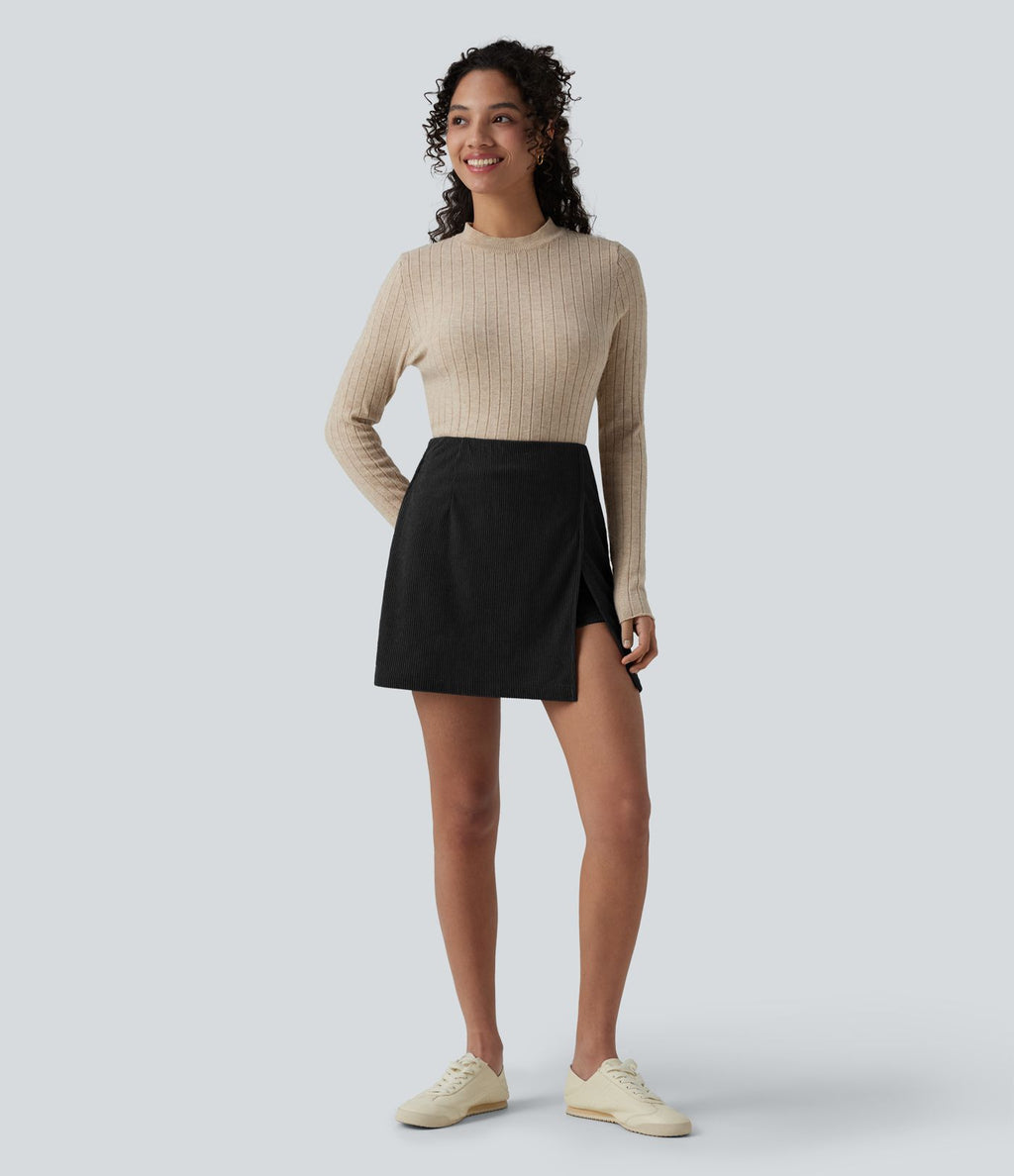 Jupe-short décontractée taille haute en velours côtelé avec zip arrière et fentes - Longueur plus longue