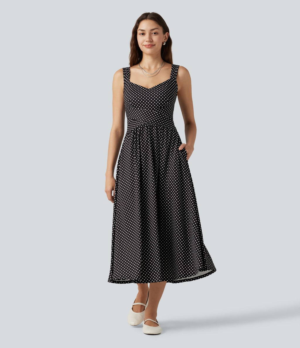 Robe fluide décontractée midi sans manches dos nu croisée à pois avec poches