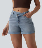 Short denim décontracté Halara Flex™ asymétrique délavé taille haute ourlet roulotté avec poches