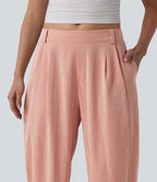 Pantalon décontracté coupe ballon taille mi-haute aspect lin avec poches