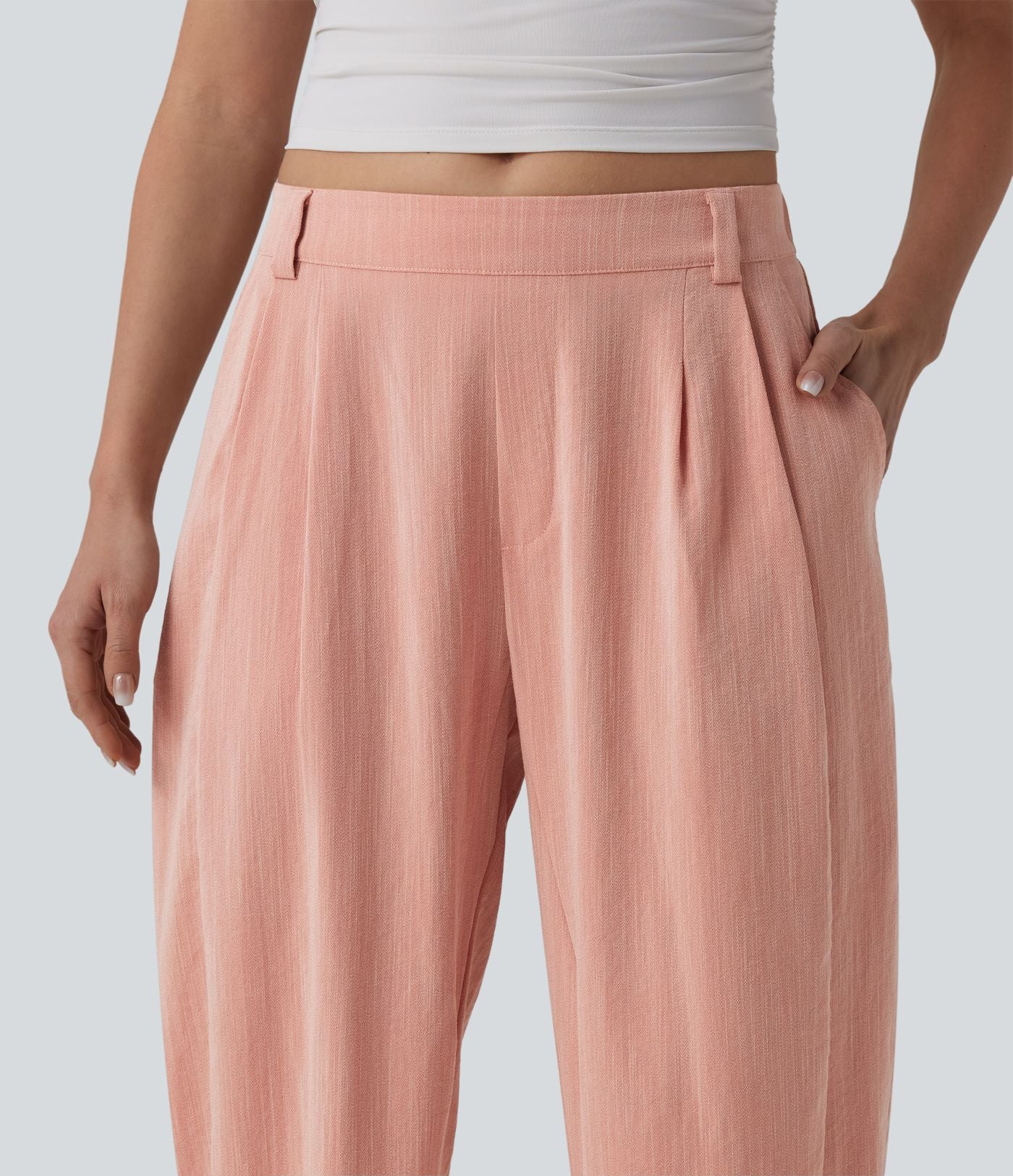 Pantalon décontracté coupe ballon taille mi-haute aspect lin avec poches