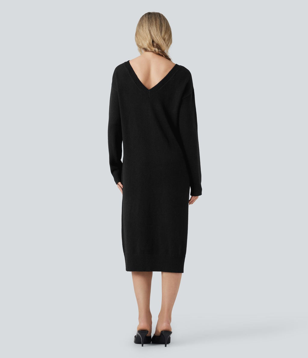 Robe pull laine mélangée col V manches longues mi-longue - réversible devant et dos