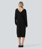 Robe pull laine mélangée col V manches longues mi-longue - réversible devant et dos