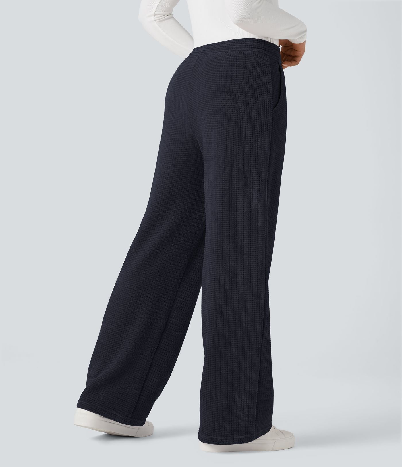 Pantalon chenille gaufré coupe droite taille mi-haute avec poches