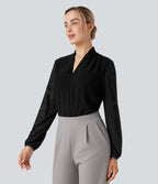 Blouse col V manches longues dentelle contrastante