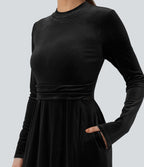 Robe longue en velours col montant manches longues avec poches