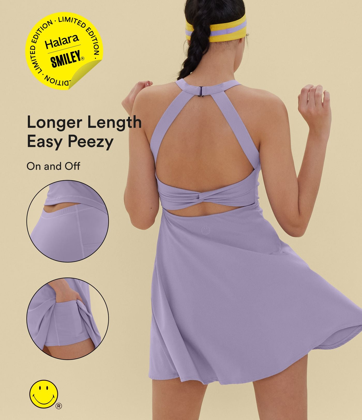 Robe sport évasée dos ouvert torsadé Halara X Smiley® SoftlyZero™ Airy avec poches – Longueur allongée – Édition Easy Peasy – Bonnets A à D
