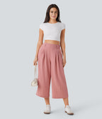 Pantalon décontracté palazzo capri uni effet lin, taille haute, large, avec poches