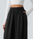 Pantalon large fluide décontracté taille haute avec cordon de serrage intérieur avec poches