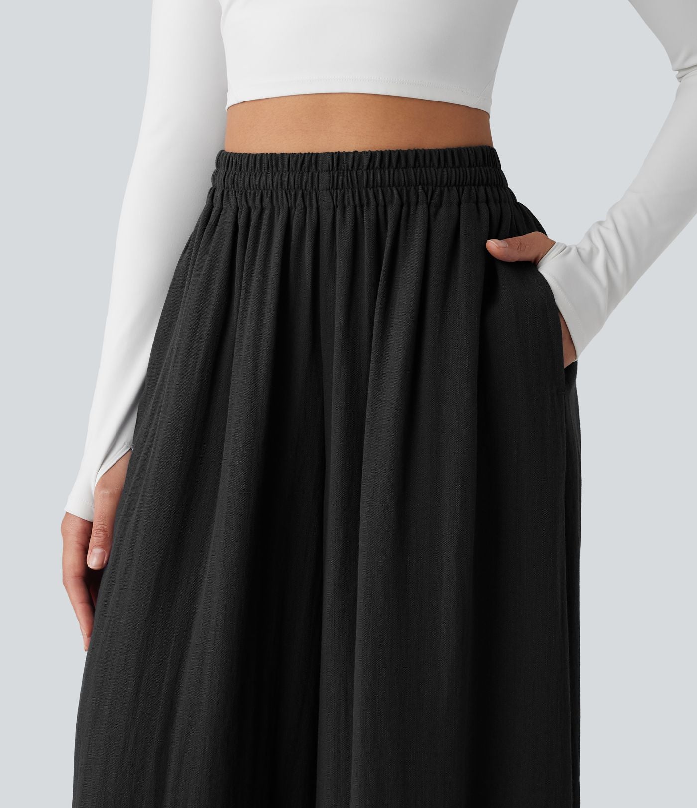 Pantalon large fluide décontracté taille haute avec cordon de serrage intérieur avec poches