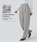 Pantalon décontracté barrel droit en crêpe, taille haute, avec poches