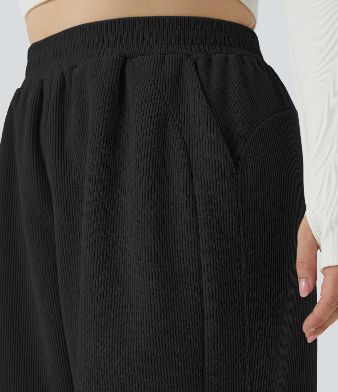Pantalon décontracté grande taille en velours côtelé coupe droite taille haute avec poches latérales