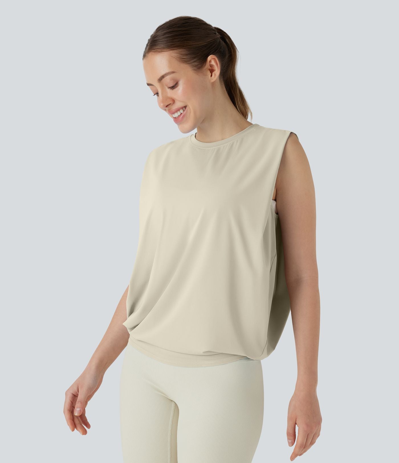 Débardeur de yoga col rond froncé, tissu rafraîchissant - Protection UPF50+