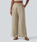 Pantalon large décontracté taille haute aspect lin avec poches