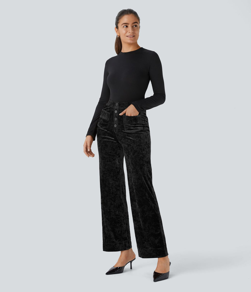Pantalon Casual en Velours Taille Haute avec Bouton Multipoches Droites
